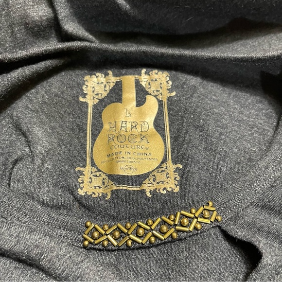 Hard Rock Cafe Anchorage Gray Vneck with Necklace Gold Owl on a Guitar Sz L - Picture 3 of 4